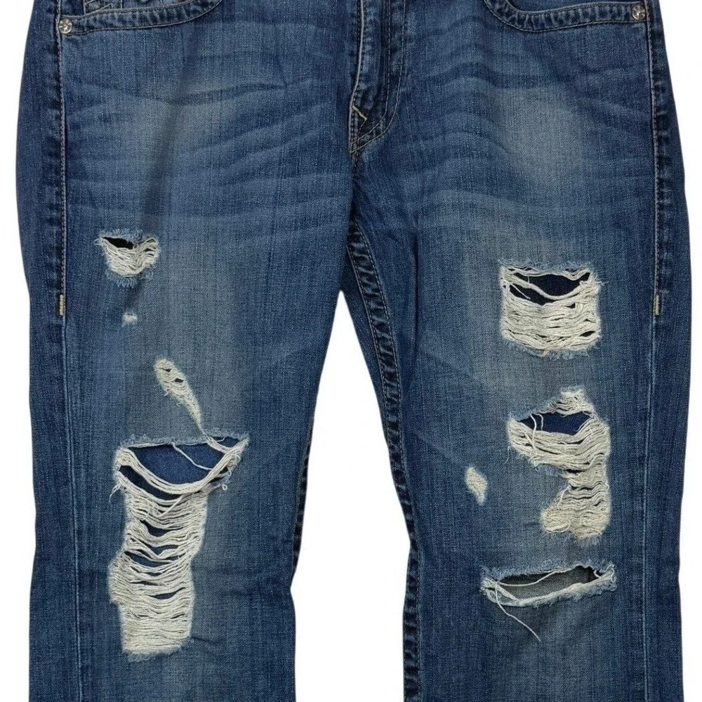 True Religion Straight Flap Jeans Mens 36x32 100% Cotton Distressed Ripped